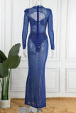 Blue Sexy Patchwork Hot Drilling Hollowed Out See-through Half A Turtleneck Long Sleeve Dresses
