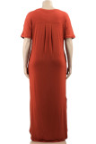 Rose Red Casual Solid Patchwork Slit V Neck Straight Plus Size Dresses