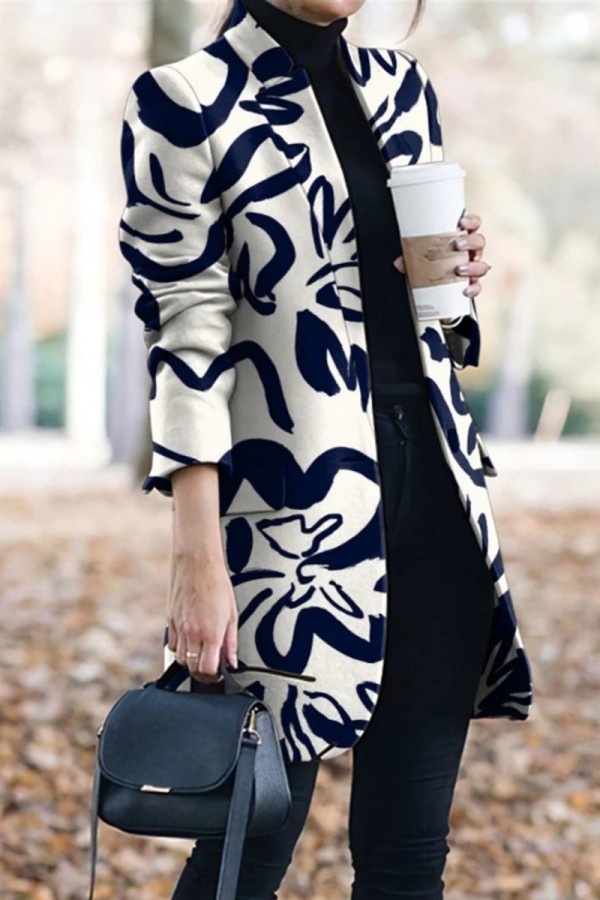 Tibetan Blue Casual Print Patchwork Cardigan Turn-back Collar Outerwear