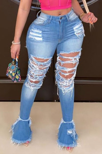 Dark Blue Street Solid Ripped Patchwork Plus Size Jeans