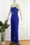 Blue Sexy Solid Sequins Patchwork Spaghetti Strap Straight Jumpsuits