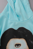 Blue Casual Print Patchwork Hooded Collar Tops