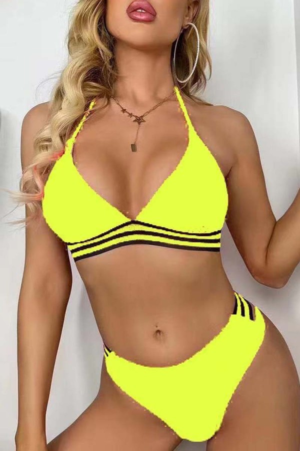 Fluorescent Yellow Sexy Solid Bandage Patchwork Backless Swimwears (With Paddings)