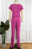 Rose Red Casual Solid Basic O Neck Regular Jumpsuits