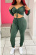 Green Fashion Casual Adult Solid Draw String Bateau Neck Long Sleeve Off The Shoulder Short Two Pieces