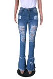Dark Blue Street Solid Ripped Patchwork Plus Size Jeans
