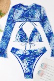 Blue Sexy Print Bandage Backless Swimsuit Three Piece Set (With Paddings)