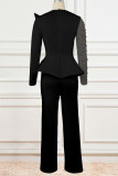 Black Elegant Solid Patchwork Beading O Neck Plus Size Jumpsuits