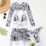 Multicolor Sexy Print Bandage Hollowed Out Draw String Swimsuit Four Piece Set (With Paddings)