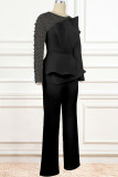 Black Elegant Solid Patchwork Beading O Neck Plus Size Jumpsuits