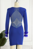 Blue Sexy Solid Patchwork Feathers Hot Drill O Neck Pencil Skirt Dresses