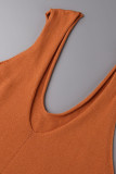 Orange Casual Solid Hollowed Out Patchwork Halter Tops