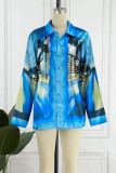 Blue Casual Print Patchwork Buckle Turndown Collar Tops