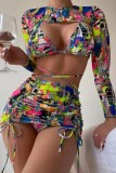 Multicolor Sexy Print Bandage Hollowed Out Draw String Swimsuit Four Piece Set (With Paddings)