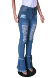 Dark Blue Street Solid Ripped Patchwork Plus Size Jeans