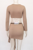Khaki Sexy Solid Hollowed Out O Neck Long Sleeve Two Pieces