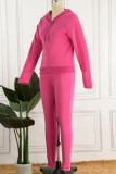 Rose Red Casual Solid Patchwork Zipper Hooded Collar Long Sleeve Two Pieces