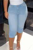 Medium Blue Fashion Casual Solid Basic Plus Size Jeans