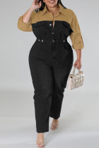 Black Casual Solid Patchwork Buckle Turndown Collar Plus Size Jumpsuits