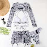 Multicolor Sexy Print Bandage Hollowed Out Draw String Swimsuit Four Piece Set (With Paddings)