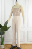 Champagne Sexy Solid Sequins Patchwork Spaghetti Strap Straight Jumpsuits