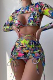 Multicolor Sexy Print Bandage Hollowed Out Draw String Swimsuit Four Piece Set (With Paddings)