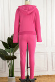 Rose Red Casual Solid Patchwork Zipper Hooded Collar Long Sleeve Two Pieces