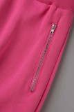 Rose Red Casual Solid Patchwork Zipper Hooded Collar Long Sleeve Two Pieces
