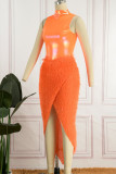 Blue Sexy Solid Patchwork Asymmetrical Half A Turtleneck Sleeveless Two Pieces