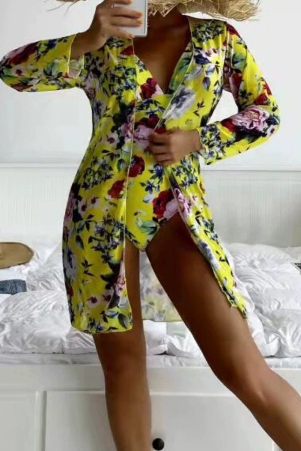 Yellow Sexy Print Cardigan Swimwears (With Paddings)