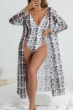 Grey Sexy Print Backless Swimwears Set (With Paddings)