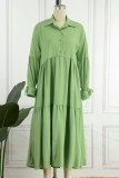 Fruit Green Casual Solid Patchwork Buckle Fold Turndown Collar Shirt Dress Dresses(Without Belt）