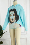 Blue Casual Print Patchwork Hooded Collar Tops