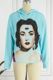 Blue Casual Print Patchwork Hooded Collar Tops