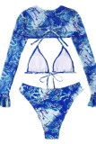 Blue Sexy Print Bandage Backless Swimsuit Three Piece Set (With Paddings)