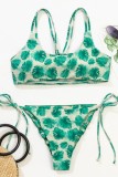 Green Sexy Print Bandage Backless Swimwears (With Paddings)