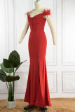 Red Sexy Solid Patchwork Feathers V Neck Evening Dress Dresses