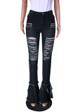 Black Street Solid Ripped Patchwork Plus Size Jeans