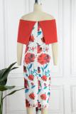 Red Casual Print Solid Patchwork Off the Shoulder One Step Skirt Dresses