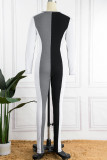 Black Casual Patchwork Contrast O Neck Skinny Jumpsuits