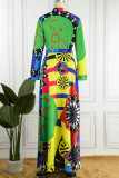 Blue Casual Print Patchwork Turndown Collar Long Sleeve Dresses