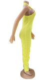 Yellow Fashion Sexy Solid Fold O Neck Sleeveless Dress