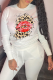 White Street Lips Printed Patchwork O Neck Tops
