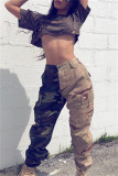Earth Yellow Casual Camouflage Print Patchwork Regular High Waist Trousers