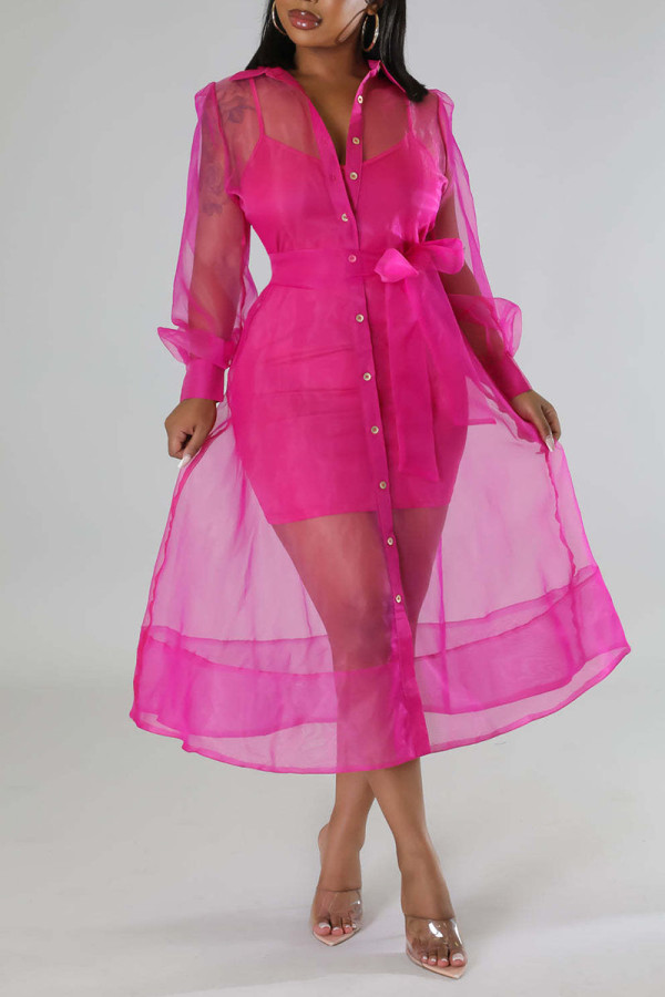 Rose Red Casual Solid Bandage Patchwork Buckle Turndown Collar Long Sleeve Two Pieces