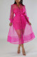 Rose Red Casual Solid Bandage Patchwork Buckle Turndown Collar Long Sleeve Two Pieces