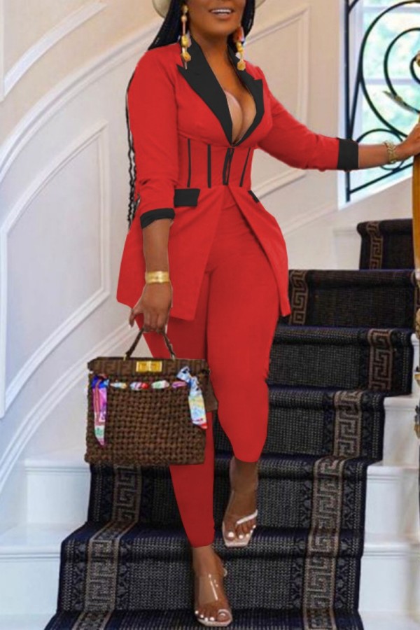 Red Casual Solid Patchwork Turn-back Collar Long Sleeve Two Pieces