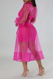 Pink Casual Solid Bandage Patchwork Buckle Turndown Collar Long Sleeve Two Pieces