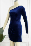 Blue Sexy Solid Patchwork Asymmetrical Oblique Collar Pencil Skirt Dresses