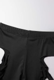 Black Sexy Casual Solid Hollowed Out O Neck Long Sleeve Two Pieces